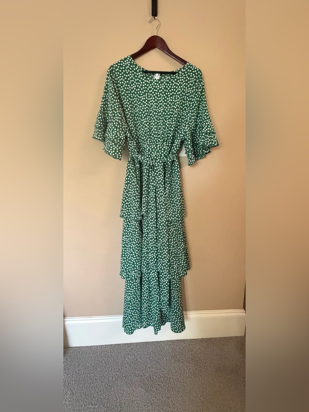 Green Polka Dot Tiered Midi Dress with Tie Waist